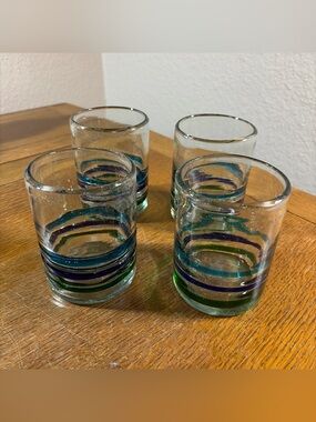 VTG Hand-Blown Mexican Drinking Glasses Set of 4 Barware Green Purple Blue